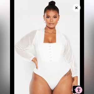 Plus White Eyelet Detail Mesh Sleeve Bodysuit